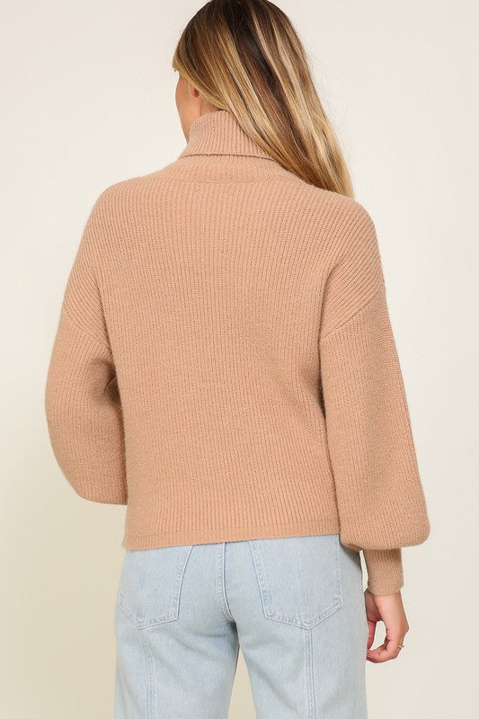 Rib Knitted Turtleneck Sweater with Bishop Sleeve