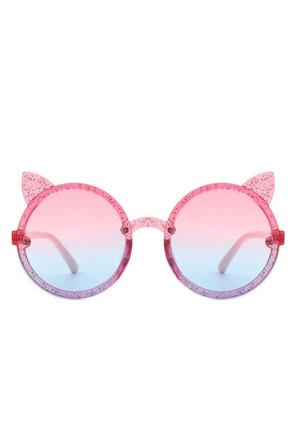 Girls Round Cat Ear Design Glitter Kids Sunglasses