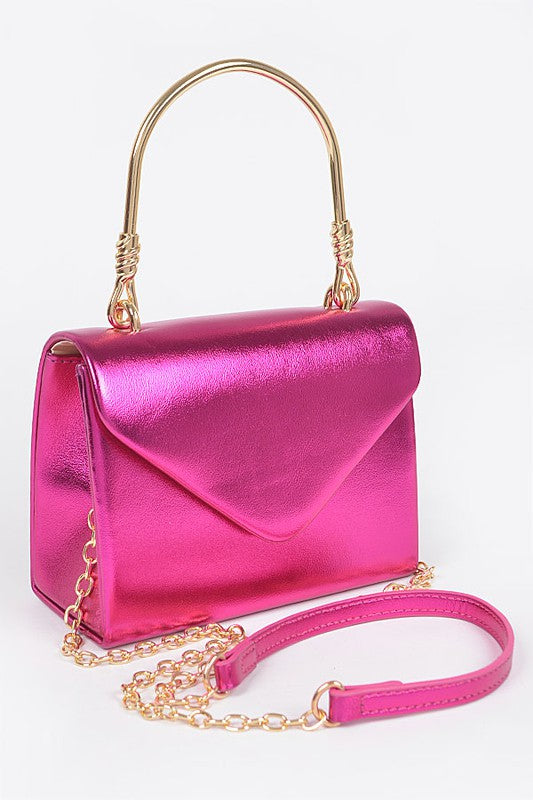 Metallic Top Handle Crossbody Swing Clutch