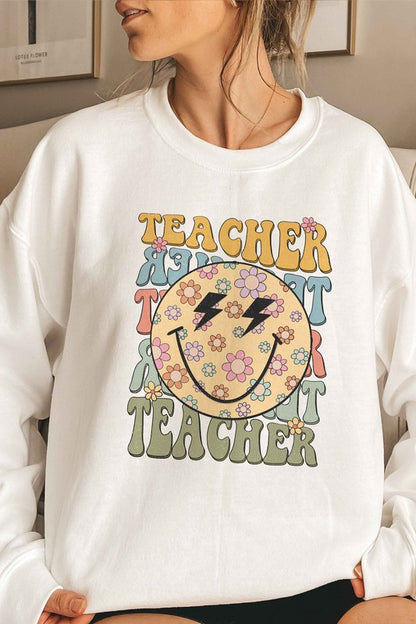 RETRO HAPPY FACE TEACHER REPEAT Graphic Sweatshirt