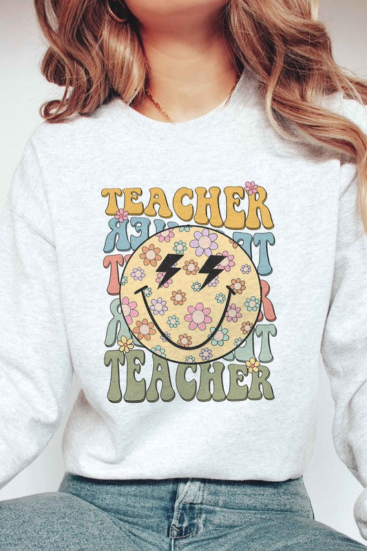 RETRO HAPPY FACE TEACHER REPEAT Graphic Sweatshirt