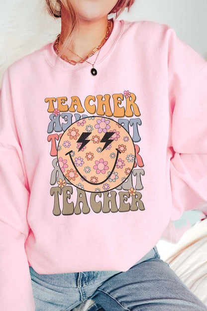 RETRO HAPPY FACE TEACHER REPEAT Graphic Sweatshirt