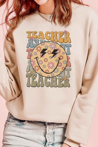 RETRO HAPPY FACE TEACHER REPEAT Graphic Sweatshirt