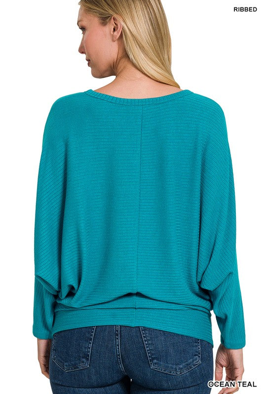 Ribbed Batwing Long Sleeve Boat Neck Sweater