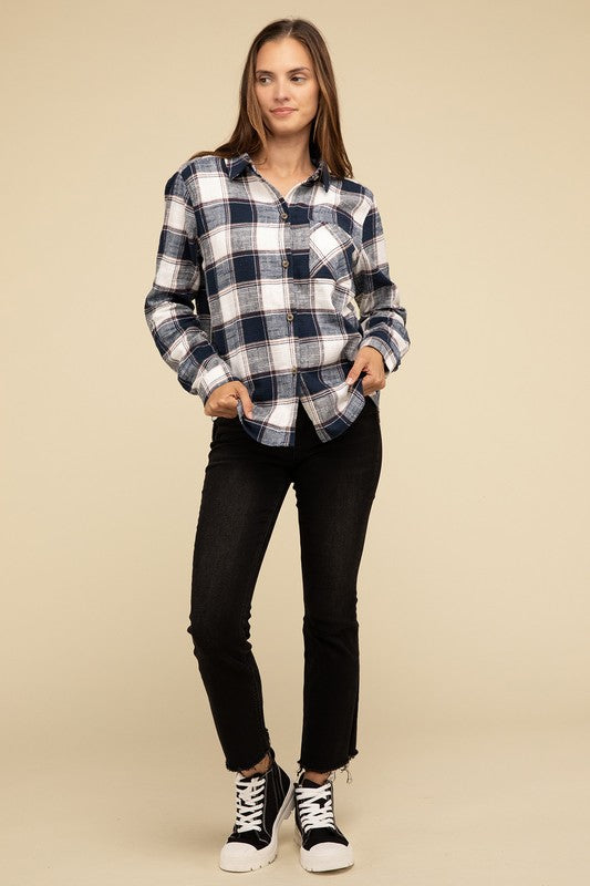 Cotton Plaid Shacket With Front Pocket