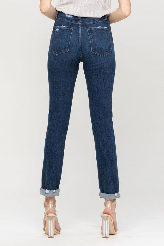 Distressed Roll Up Stretch Mom Jeans