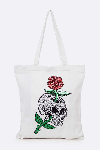 Skull And Rose Large Sequin Patch Canvas Tote