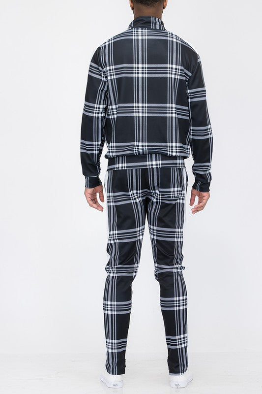 PLAID CHECKERED FULL ZIP TRACK PANTS SET