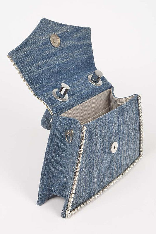 Rhinestone Accent Denim Top Handle Clutch Bag