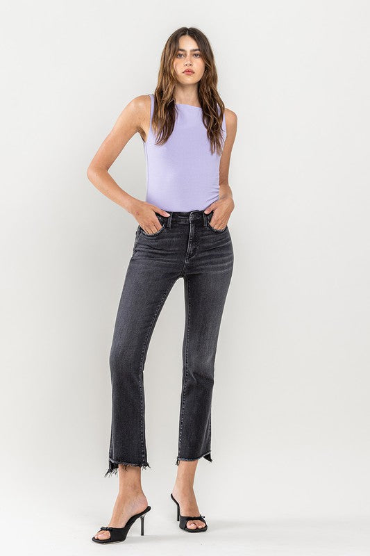 High Rise Raw Step Hem Crop Flare Jeans