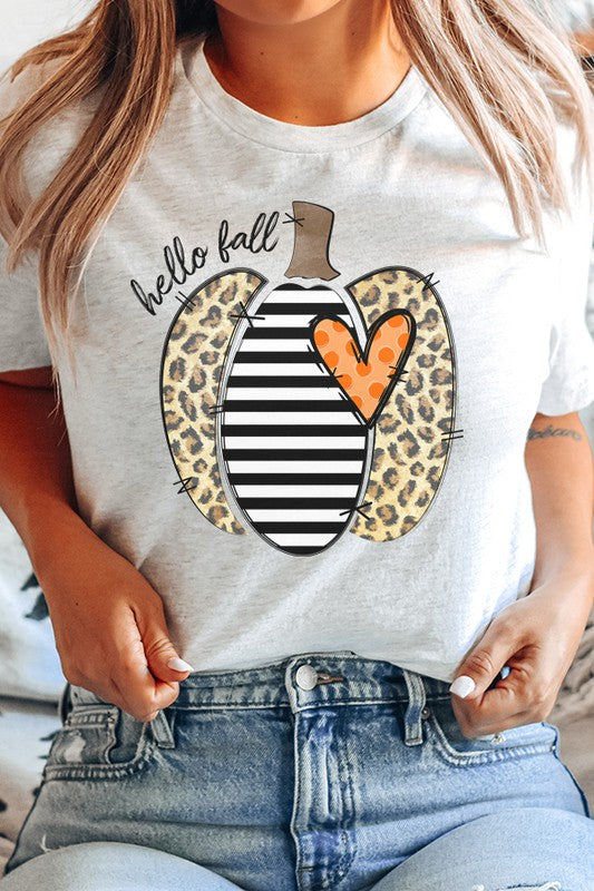 Hello Fall Striped Leopard Pumpkin Graphic Tee