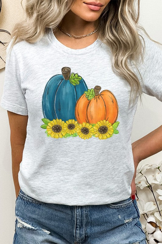 Fall Tee Blue Orange Sunflower Pumpkins