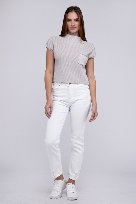 Mock Neck Short Sleeve Cropped Sweater