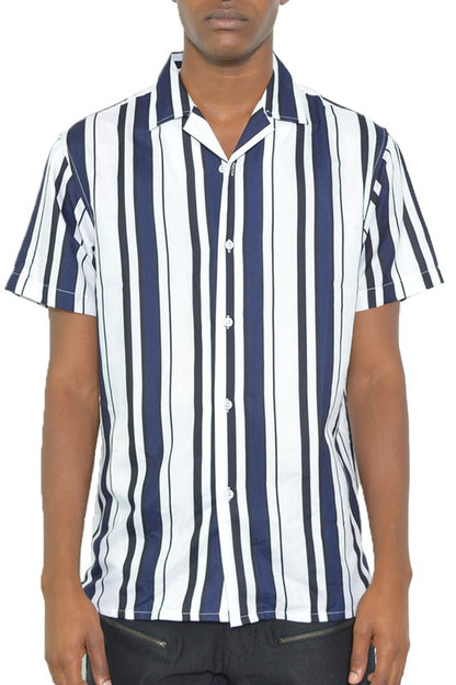 MENS SHORT SLEEVE STRIPED BUTTON DOWN SHIRT PRINT