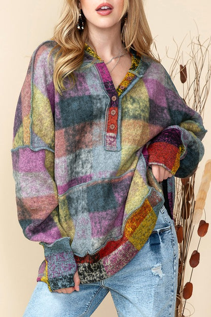 Plus Red Green Mustard Plaid Inside-out Hood Tunic