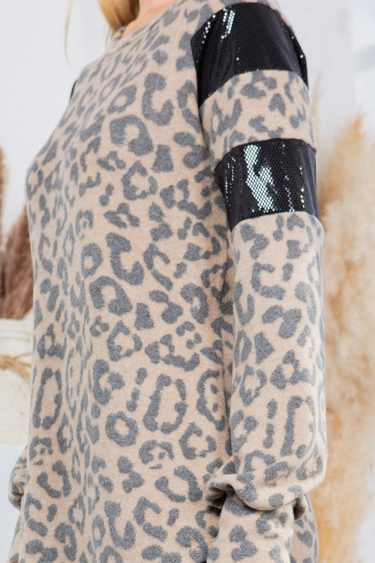 Leopard Print Pullover with Sequin Foil Contrast