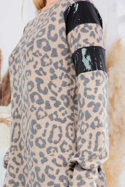 Leopard Print Pullover with Sequin Foil Contrast