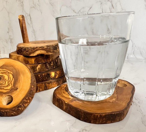 Olive Wood Coaster Set with Holder -7 Pcs