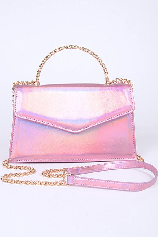 Metal Handle Metallic Leather Convertible Clutch