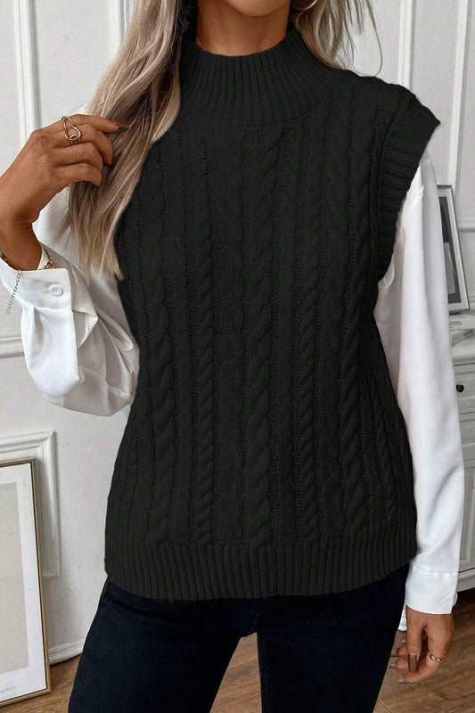 Black Ribbed Trim High Neck Knit Sweater Vest