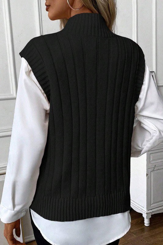 Black Ribbed Trim High Neck Knit Sweater Vest