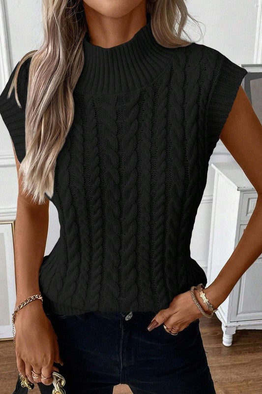 Black Ribbed Trim High Neck Knit Sweater Vest