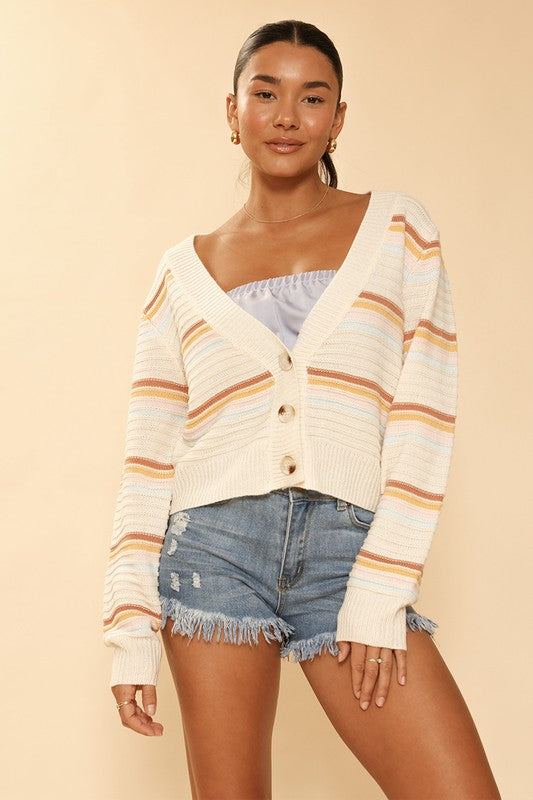 Retro stripe cropped knit cardigan