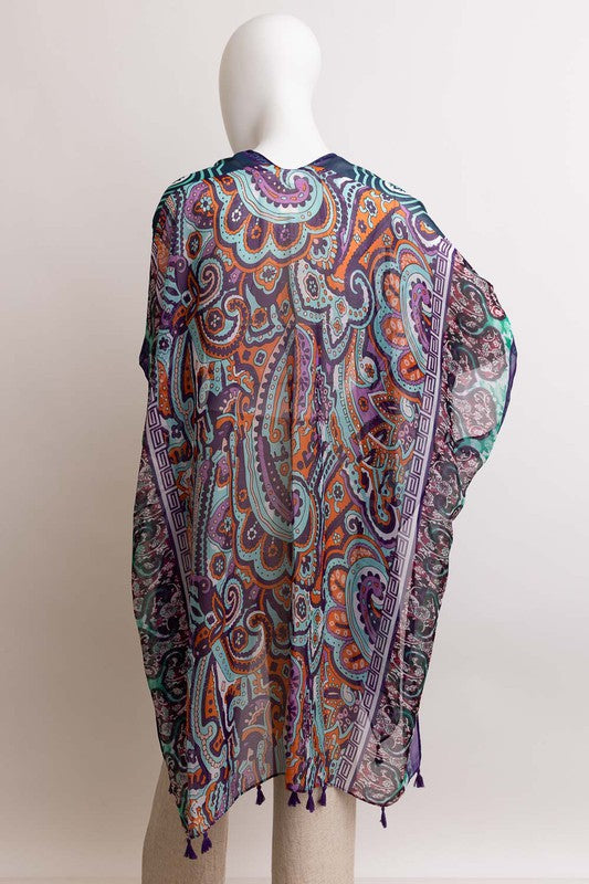 Paisley Print Open Front Kimono w/ Cinched Arms