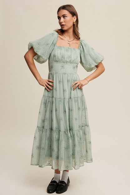 Flower Embroidered Puff Sleeve Tiered Maxi Dress