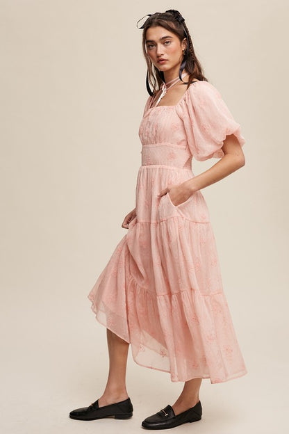 Flower Embroidered Puff Sleeve Tiered Maxi Dress