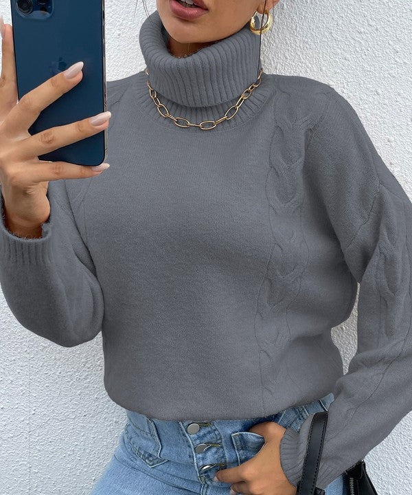 Grey Turtleneck Drop Shoulder Sweater