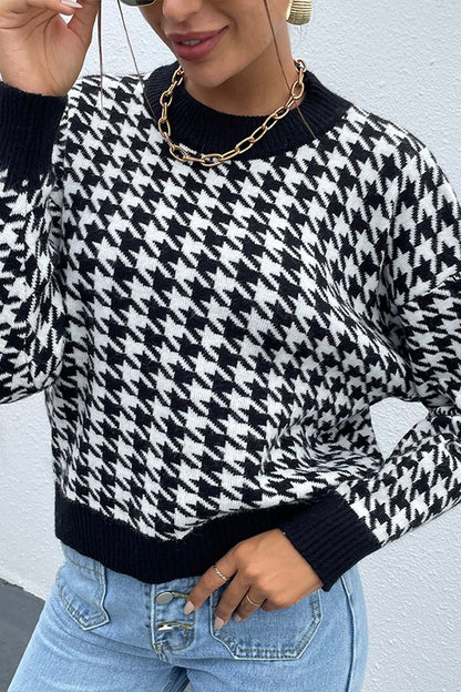 Black Houndstooth Pattern Drop Shoulder Sweater