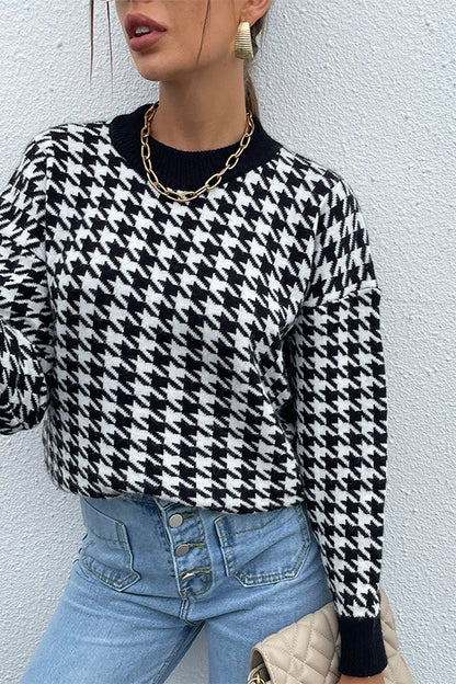 Black Houndstooth Pattern Drop Shoulder Sweater