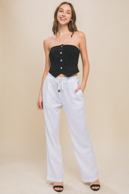 Linen Drawstring Waist Long Pants with Pockets