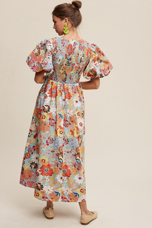 Flower Print Smocked V-neck Puff Sleeve Maxi Dress