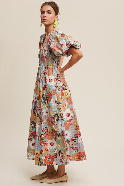 Flower Print Smocked V-neck Puff Sleeve Maxi Dress