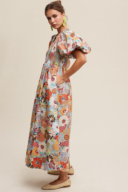 Flower Print Smocked V-neck Puff Sleeve Maxi Dress