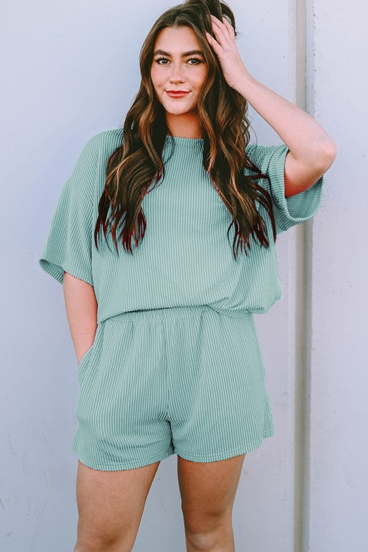 Ribbed Textured Knit Loose Tee and Shorts Set