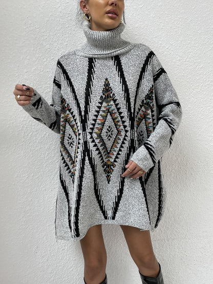 Argyle Pattern Turtleneck Drop Shoulder Sweater