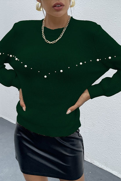 Green Essence Pearls Beaded Sweater