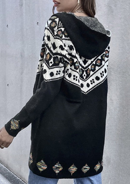 Black geo pattern Hooded Cardigan with belt