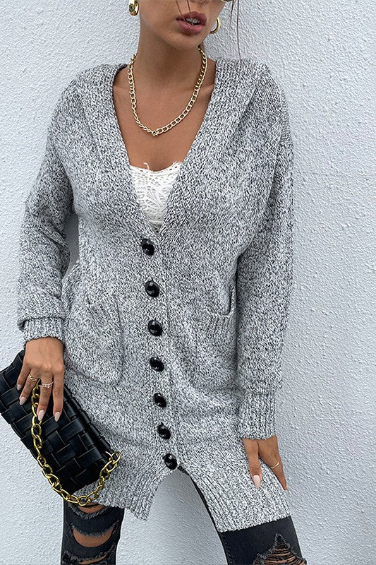 Long Gray Knit Dual Pocket Hooded Cardigan