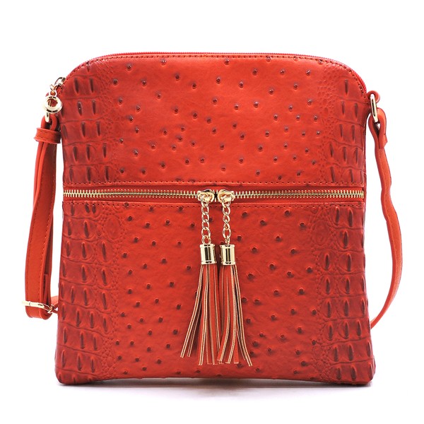 Ostrich Croc Zip Tassel Crossbody Bag