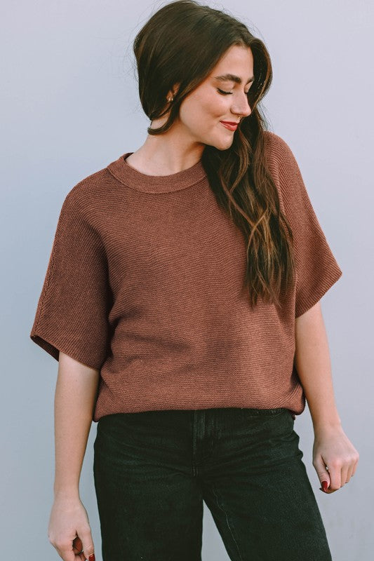 Coffee High Neck Short Bat Sleeve Sweater