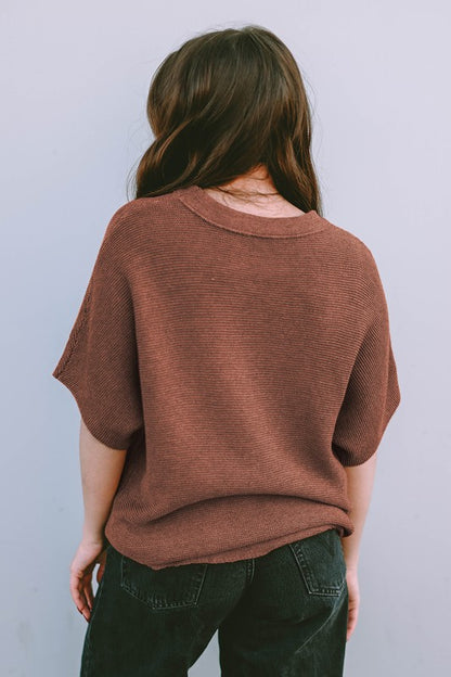 Coffee High Neck Short Bat Sleeve Sweater