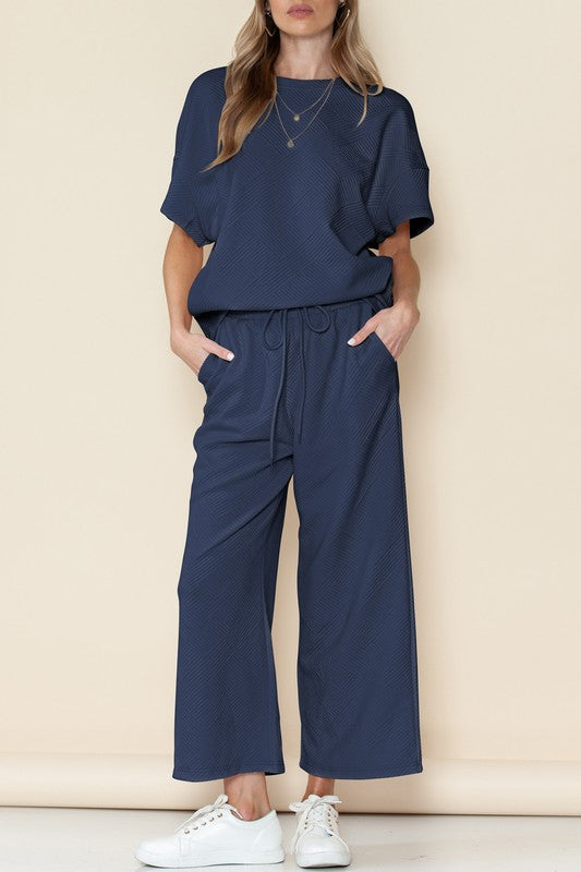 Textured T Shirt and Drawstring Pants Set