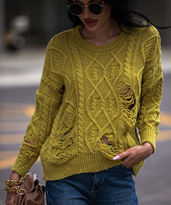 Green cable Ripped knit drop shoulder sweater