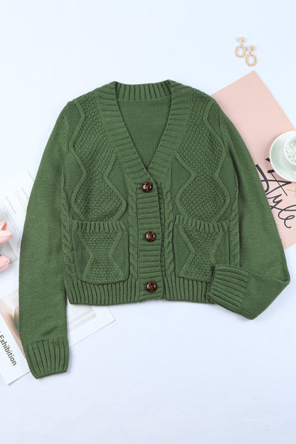 Green Pocket Button Cable Cropped Sweater Cardigan