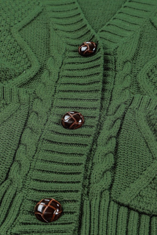 Green Pocket Button Cable Cropped Sweater Cardigan