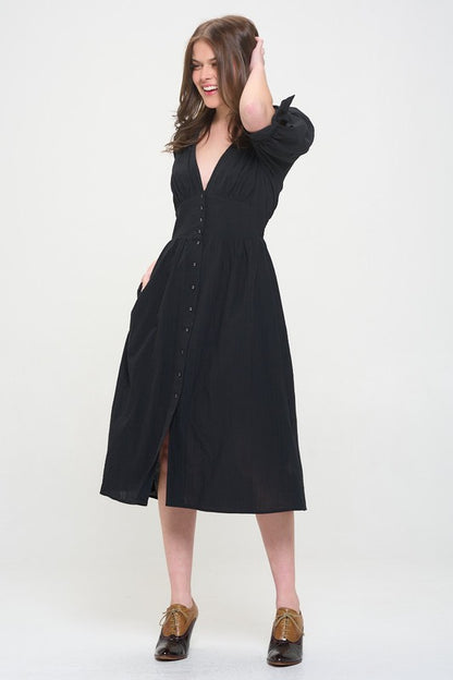 PLUS 3/4 PUFF SLV TEXTURED BUTTON DOWN MIDI DRESS